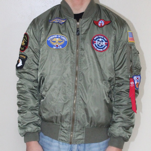 Alpha Industries Other - Alpha Industries Green Zip Top Gun Flight Bomber Jacket MA-1 Patches Youth L
